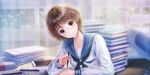 1girl bed blue_reflection_(series) blue_reflection_sun blue_sailor_collar blurry blurry_background blush book book_stack brown_eyes brown_hair closed_mouth day elbow_on_table game_cg glasses head_tilt highres holding holding_pen indoors kishida_mel long_sleeves looking_at_viewer non-web_source official_art paper_stack pen round_eyewear sailor_collar school_uniform serafuku short_hair smile solo table tablet_pc takaoka_yukiko window wooden_floor 