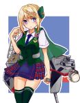  1girl badge blonde_hair blue_background blue_neckwear blue_skirt border braid braided_bun cape cowboy_shot dress_shirt green_cape green_legwear green_vest highres kantai_collection kurou_oruha looking_at_viewer machinery necktie perth_(kantai_collection) plaid plaid_skirt pleated_skirt school_uniform searchlight shirt short_hair short_sleeves skirt solo thighhighs two-tone_background vest white_border white_shirt 