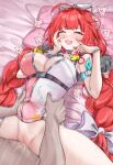  1boy 1girl absurdres ahoge armpit_crease bed blush bottomless bow bracelet braid breasts casual_one-piece_swimsuit closed_eyes clothed_sex commentary_request daram_(shappydude) deep_penetration eyewear_on_head fingernails from_above hair_bow hands_on_own_face hands_up hearing_aid heart heart-shaped_eyewear heart_sticker hetero highres jewelry korean_commentary large_breasts large_variant_set long_hair low_twin_braids lying missionary nail_polish on_back on_bed one-piece_swimsuit open_mouth orange_nails pillow pink_one-piece_swimsuit pussy pussy_juice red_hair sex smile sphere_hair_ornament spread_legs sticker_on_face stomach_bulge sunglasses sweat swimsuit thighs torso_grab trembling twin_braids two-tone_one-piece_swimsuit ukinami_yuzuha ukinami_yuzuha_(tanuki_in_broad_daylight) uncensored vaginal variant_set very_long_hair white_bow white_one-piece_swimsuit zenless_zone_zero 