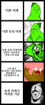  1boy 3: ^_^ absurdres black_border blush border clenched_hands closed_eyes colored_skin commentary emphasis_lines expressionless glaring glowing glowing_eyes green_hat green_skin hat highres korean_commentary korean_text male_focus meme multiple_views oligogi_meoggosipda original pointing shaded_face teeth 