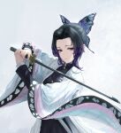  1girl absurdres black_hair butterfly_hair_ornament closed_mouth commentary demon_slayer_uniform expressionless gradient_hair hair_ornament haori highres holding holding_sword holding_weapon japanese_clothes kimetsu_no_yaiba kochou_shinobu looking_at_viewer multicolored_hair parted_bangs purple_eyes purple_hair revision sidelocks simple_background solo sword sword_writing tooku0 two-tone_hair updo upper_body weapon wide_sleeves 