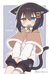  1girl animal_ears bike_shorts black_shorts blue_eyes blush border brown_capelet brown_eyes capelet cat_ears cat_girl cat_tail character_name collared_shirt dress_shirt fur-trimmed_capelet fur_trim grey_background hair_ornament hairclip have_to_pee heterochromia highres koko_(ayanepuna) long_sleeves open_mouth original outline revision shirt short_shorts shorts shorts_under_shorts solo sweat tail tears trembling twitter_username wavy_mouth white_border white_outline white_shirt yuune_(ayanepuna) 