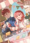  1boy 1girl blue_shirt bow breasts buttons closed_mouth couple double-breasted emiya_shirou fate/stay_night fate_(series) food gaoyue_jixiang hair_ornament highres holding holding_food holding_ice_cream holding_ice_cream_cone holding_spoon ice_cream ice_cream_cone long_hair long_sleeves looking_ahead looking_at_food looking_down mint_chocolate momomiya_shizuku_(gaoyue_jixiang) oc_x_canon open_mouth original pastels pink_eyes pink_hair red_hair ribbon shirt short_sleeves smile spoon string_of_flags twintails yellow_eyes 