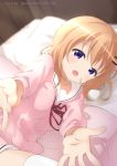  1girl :d bangs bed blurry blurry_background cardigan commentary_request dated depth_of_field eyebrows_visible_through_hair gochuumon_wa_usagi_desu_ka? hair_ornament hairclip highres hoto_cocoa hoto_cocoa&#039;s_school_uniform indoors light_brown_hair long_sleeves looking_at_viewer lying neck_ribbon neki_(wakiko) on_bed on_side open_mouth outstretched_arms pillow pink_cardigan purple_eyes red_ribbon ribbon sailor_collar school_uniform serafuku skirt smile solo thighhighs twitter_username white_legwear white_sailor_collar white_skirt 