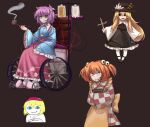  4girls absurdres alice_margatroid apron bell black_eyes black_hat black_skirt blonde_hair blue_shirt book brown_background checkered_clothes checkered_kimono commentary cross crossed_arms english_commentary hair_bell hair_ornament hairband hat heart highres holding holding_book holding_smoking_pipe intravenous_drip jacket_girl_(dipp) japanese_clothes kimono komeiji_satori long_hair long_sleeves meme motoori_kosuzu multiple_girls orange_hair people_with_blue_eyes_(meme) pink_skirt red_hairband shirt short_hair simple_background sitting skirt smoking_pipe there2007 third_eye touhou two_side_up wheelchair yellow_apron 