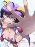  +_+ 1girl absurdres ahoge bat_wings black_hair breasts cloud cloudy_sky hand_on_own_face heart heart_ahoge highres looking_at_viewer lordnomus magia_baiser magical_girl mahou_shoujo_ni_akogarete mark_under_both_eyes open_mouth saliva sharp_teeth short_hair shrug_(clothing) skirt sky teeth white_shrug white_skirt wings yellow_eyes 