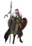  1boy armor artist_request belt belt_buckle boots brown_belt brown_boots buckle cape coat fur-trimmed_cape fur-trimmed_gloves fur_trim game_cg gilbert_winterguard gloves glowing glowing_eye goddess_order green_coat grey_cape grey_pants helm helmet highres holding holding_polearm holding_shield holding_weapon looking_at_viewer male_focus non-web_source official_art pants plume polearm shield simple_background solo standing tachi-e transparent_background weapon 