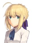  1girl ahoge artoria_pendragon_(all) blonde_hair blue_neckwear blue_ribbon boa_(brianoa) braid braided_bun collared_shirt eyebrows_visible_through_hair fate/stay_night fate_(series) hair_ribbon highres long_sleeves looking_at_viewer neck_ribbon purple_ribbon ribbon saber shirt short_hair solo white_shirt wing_collar 