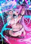  1girl absurdres arm_behind_head arm_up armpits ass bare_shoulders bikini breasts butt_crack chain eyewear_on_head feet hair_ribbon headphones headphones_around_neck heart heart_o-ring heterochromia high_ponytail highres indie_virtual_youtuber large_breasts long_hair looking_at_viewer luyeelulu meion micro_shorts multicolored_hair nail_polish no_shoes o-ring o-ring_bikini open_mouth pink_hair ponytail ribbon seiza shorts single_thighhigh sitting smile soles solo stage_lights star_(symbol) streaked_hair swimsuit thigh_strap thighhighs thong_bikini very_long_hair w 