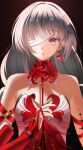  1girl absurdres bandage_over_one_eye bare_shoulders breasts commentary detached_sleeves earrings fingernails flower grey_eyes grey_hair highres holding holding_flower jewelry kenomotsu_yukuwa long_hair looking_at_viewer nail_polish parted_lips phrolova_(wuthering_waves) red_nails red_spider_lily single_detached_sleeve small_breasts solo tacet_mark_(wuthering_waves) upper_body wuthering_waves 
