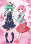  2girls artist_name asymmetrical_hair black_hairband black_hat black_shirt black_shoes black_skirt black_socks blue_eyes blue_shirt closed_mouth commentary frilled_hat frilled_skirt frills green_hair hairband hat heart holding_hands jyaoh0731 komeiji_satori long_sleeves medium_hair multiple_girls pink_background pink_hair pink_shoes red_eyes red_skirt ribbon-trimmed_skirt ribbon_trim shiki_eiki shirt shoes short_hair short_sleeves skirt smile socks third_eye touhou white_socks 