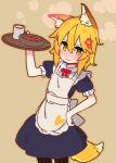  1girl :3 animal_ear_fluff animal_ears apron black_dress blonde_hair blush cup dress drink food fox_ears fox_girl fox_tail hair_between_eyes hair_ornament hand_on_hip holding holding_tray red_neckwear senko_(sewayaki_kitsune_no_senko-san) sewayaki_kitsune_no_senko-san solo tail tray waitress yellow_eyes yoru_nai 