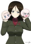  1girl :d artist_name bangs black_hair blonde_hair blue_eyes blush_stickers bukkuri character_doll chibi clara_(girls_und_panzer) closed_mouth commentary dated doll fang frown girls_und_panzer green_jacket highres holding holding_doll insignia jacket katyusha_(girls_und_panzer) long_hair long_sleeves looking_at_viewer nonna_(girls_und_panzer) open_mouth pravda_school_uniform red_shirt school_uniform shirt signature smile solo swept_bangs turtleneck w_arms 