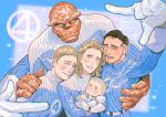  1girl 4boys baby ben_grimm blonde_hair blue_bodysuit blue_eyes bodysuit brother_and_sister closed_mouth elasticity facial_hair family fantastic_four father_and_son franklin_richards gloves group_hug highres hug husband_and_wife johnny_storm looking_at_viewer marvel marvel_cinematic_universe mii_(lvhrsmnt) mother_and_son multiple_boys reed_richards short_hair siblings smile sue_storm superhero_costume the_fantastic_four:_first_steps two-tone_bodysuit uncle_and_nephew 
