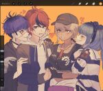  2boys 2girls ahoge amemiya_darumi arm_hug art_program_in_frame bisexual_female bisexual_male black_gloves black_hair black_haori black_hat black_streaks blonde_hair blue_eyes blue_hair blue_jacket blush bow choker commentary crop_top dark-skinned_female dark_skin earrings eyepatch face_piercing fingerless_gloves gloves grey_eyes grey_jacket hair_bow hand_on_another&#039;s_arm hand_on_another&#039;s_shoulder haori hat highres holding_hands hood hoodie interlocked_fingers jacket jacket_over_hoodie japanese_clothes jewelry kawana_tsubasa labret_piercing long_hair loving_aura makeup multicolored_hair multicolored_jacket multiple_boys multiple_girls necklace omokage_yugamu orange_background piercing ponytail puckered_lips red_hair runny_makeup shirt short_hair simple_background small_sweatdrop smile streaked_hair striped_clothes striped_shirt sumino_takumi symbol-only_commentary the_hundred_line_-last_defense_academy- twintails two-tone_jacket umeumeumestar white_hoodie yellow_eyes 