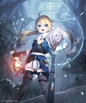  1girl :d asymmetrical_gloves black_boots black_gloves black_shirt black_thighhighs blonde_hair blue_eyes blue_jacket book boots character_request commentary_request en@rain feet_out_of_frame gloves hair_between_eyes highres holding holding_lantern jacket lantern long_hair looking_at_viewer mismatched_gloves official_art shadowverse shadowverse:_worlds_beyond shirt skirt smile solo standing thigh_boots thighhighs thighhighs_under_boots tree twintails very_long_hair vial white_gloves white_skirt 