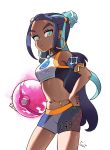  1girl aqua_hair armband artist_name belly_chain black_hair commentary_request dark_skin dynamax_ball earrings eyelashes eyeliner eyeshadow forehead glowing gold_earrings gym_leader hair_bun hand_on_hip highres holding holding_poke_ball hoop_earrings jewelry long_hair looking_at_viewer looking_down makeup multicolored_hair navel necklace number poke_ball pokemon pokemon_(game) pokemon_swsh rurina_(pokemon) shadow simple_background solo swimsuit tankini toot two-tone_hair white_background 