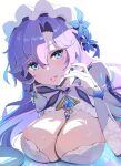  absurdres blue_eyes blue_flower breasts cantarella_(wuthering_waves) commentary facial_mark fingernails flower hair_between_eyes hair_flower hair_ornament headdress highres koharutoki02 large_breasts long_hair looking_at_viewer mark_under_eye mole mole_under_eye nail_polish purple_hair purple_nails shrug_(clothing) simple_background tacet_mark_(wuthering_waves) tongue tongue_out white_background white_shrug wuthering_waves 