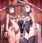  2girls animal_ear_fluff animal_ears azur_lane black_dress black_thighhighs bra breasts brown_eyes brown_hair china_dress chinese_clothes commentary covered_navel dress fox_ears fox_girl heart heart_hands heart_hands_duo long_hair looking_at_viewer micro_panties multiple_girls nagato_(azur_lane) panties panty_peek pink_dress pink_thighhighs rabbit_ears rabbit_girl red_bra shimakaze_(azur_lane) short_dress side-tie_panties sleeveless sleeveless_dress small_breasts thighhighs thighs umyonge_(lkakeu) underwear very_long_hair white_hair 
