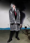  1boy adachi_rwcc alternate_costume american_psycho aotsuki_eito axe black_gloves black_pants black_shoes blood blood_on_clothes blood_on_face blood_splatter collared_shirt commentary_request glasses gloves grey_hair highres holding holding_axe holding_weapon long_sleeves looking_at_viewer male_focus necktie pants parted_lips raincoat red_necktie see-through_clothes see-through_raincoat shadow shirt shoes solo standing the_hundred_line_-last_defense_academy- weapon 