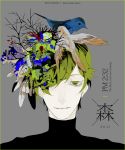  1boy abstract alternate_costume animal_on_head bird bird_on_head bug dated green_eyes green_hair hair_over_one_eye insect ladybug looking_at_viewer male_focus mzet on_head pale_skin portrait smile solo surreal touken_ranbu uguisumaru 