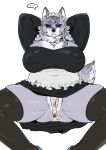 2025 anthro anus areola big_breasts black_nose breasts canid canine canis clothed clothing female fur genitals hair hi_res kissxmaker legwear looking_at_viewer maid_uniform mammal nipple_outline nipples panties raised_arm simple_background snout solo speech_bubble spread_legs spreading tail thick_thighs thigh_highs topwear underwear uniform wide_hips wolf