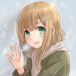  1girl bangs betock blonde_hair blush breath enpera green_eyes hand_up highres long_hair original scarf smile solo upper_body winter_clothes 