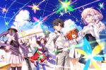  6+boys 6+girls ahoge aiguillette atlas_academy_uniform baker_nemo_(fate) blonde_hair blue_eyes blue_hair blue_leggings blue_sky breasts brown_hair captain_nemo_(fate) cloud command_spell creature creature_on_shoulder day dress engineer_nemo_(fate) epaulettes facial_hair fate/grand_order fate_(series) fou_(fate) fujimaru_ritsuka_(female) fujimaru_ritsuka_(female)_(decisive_battle_chaldea_uniform) fujimaru_ritsuka_(male) fujimaru_ritsuka_(male)_(decisive_battle_chaldea_uniform) glasses gloves goredolf_musik gradient_hair hair_between_eyes hair_over_one_eye hand_on_own_hip hat hat_feather highres jacket jingle_abel_meuniere leggings leonardo_da_vinci_(fate) leonardo_da_vinci_(rider)_(fate) long_hair long_sleeves looking_at_viewer marine_nemo_(fate) mash_kyrielight multicolored_hair multiple_boys multiple_girls mustache necktie nemo_(fate) non-humanoid_robot nurse_nemo_(fate) official_art on_shoulder open_mouth orange_eyes orange_hair outdoors pink_hair professor_nemo_(fate) puff_and_slash_sleeves puffy_sleeves purple_eyes purple_hair robot robot_animal robot_bird second-party_source shirt short_hair sion_eltnam_(type-moon) sion_eltnam_sokaris skirt sky smile takeuchi_takashi thighhighs turban twintails watermark white_shirt 