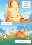  absurd_res animal_genitalia arcanine balls comic feral fully_sheathed fur genitals group growlithe hi_res male nikkibunn nintendo pok&eacute;mon pok&eacute;mon_(species) sheath size_difference video_games 