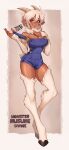  1girl absurdres blue_overalls blush breasts character_name cleavage clip_studio_paint_(medium) closed_mouth commentary commission copyright_name dark-skinned_female dark_skin detached_sleeves english_commentary full_body goat_girl goat_tail grey_horns hair_between_eyes highres hooves horns large_breasts lokigun long_bangs looking_at_viewer monster_musume_no_iru_nichijou overalls pointy_ears red_eyes saane_(monster_musume) short_hair smile solo white_sleeves 