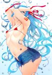 1girl absurdres arched_back areola_slip areolae arms_up bikini bikini_top blue_eyes blue_hair breasts bubble cowboy_shot denim denim_shorts from_side hair_ribbon hatsune_miku highres long_hair looking_at_viewer micro_bikini mole mole_on_breast navel number_tattoo pants papino ribbon short_shorts shorts shoulder_tattoo small_breasts solo swimsuit tattoo torn_clothes torn_pants very_long_hair vocaloid 
