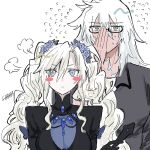  1boy 1girl adjusting_eyewear artist_name behind_another black-framed_eyewear black_shrug black_trim blue_eyes blush_stickers breasts commentary_request double-parted_bangs fate/grand_order fate_(series) flower flying_sweatdrops folding_fan frown green_eyes grey_hair grey_shirt hair_between_eyes hair_flower hair_ornament hand_fan hand_on_own_face high_collar highres holding holding_fan husband_and_wife jewelry kriemhild_(fate) kriemhild_(swimsuit)_(fate) large_breasts long_hair long_sidelocks nervous_sweating nlsenmon official_alternate_costume official_alternate_hairstyle parted_bangs puff_of_air see-through_cleavage see-through_clothes shirt shrug_(clothing) sidelocks siegfried_(fate) siegfried_(super_cool_biz)_(fate) simple_background sweat twintails v-shaped_eyebrows very_long_hair white_background white_hair 