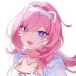  1girl bikini blue_eyes breasts chinese_commentary commentary_request drawn_ears drawn_whiskers elysia_(honkai_impact) elysia_(miss_pink_elf)_(honkai_impact) elysia_(summer_miss_elf)_(honkai_impact) face_filter heli_(miyoushe_278043874) highres honkai_(series) honkai_impact_3rd jewelry long_hair looking_at_viewer miyoushe_watermark necklace official_alternate_costume open_mouth pink_hair shell shell_necklace simple_background smile solo swimsuit upper_body watermark white_background white_bikini 