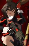  1girl adapted_costume android animal_ears black_gloves black_legwear blurry breasts brown_hair bullet bunny_ears bunny_pose bunnysuit character_name cleavage commentary cowboy_shot depth_of_field detached_collar eyebrows_visible_through_hair fake_animal_ears from_below gloves gun hair_between_eyes highres holding holding_gun holding_weapon hololive looking_at_viewer mechanical_arms medium_breasts nejime one_eye_closed open_mouth red_background roboco-san roboco_ch. shell_casing short_hair signature simple_background smile solo thighs virtual_youtuber weapon wing_collar wrist_cuffs yellow_eyes 