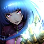  1girl bangs blue_hair cryokinesis gloves glowing hasekou_g highres kula_diamond long_hair red_eyes the_king_of_fighters turtleneck upper_body 