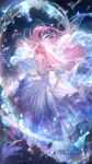  1girl artist_request bracelet brown_eyes by_stars_be_sworn_(shining_nikki) determined dress floating_clothes floating_hair full_body glass_shards gown highres jewelry light_particles long_dress long_hair necklace nikki_(nikki) nikki_(series) official_art pink_hair second-party_source see-through_clothes see-through_veil shining_nikki skirt_hold sleeveless sleeveless_dress solo space sparkle standing veil very_long_hair wavy_hair white_dress white_veil 