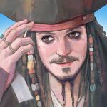  1boy absurdres arm_up bandana beard brown_eyes brown_hair brown_hat chinese_commentary closed_mouth commentary_request facial_hair fingernails hat hat_tip highres jack_sparrow jewelry male_focus medium_hair multiple_rings mustache pirate pirates_of_the_caribbean portrait ring smile solo xianchengyue420 