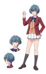  3girls advanced_nurturing_high_school_uniform ahoge anime_coloring arm_up blazer blue_bow blue_bowtie blue_hair bob_cut bow bowtie breasts closed_mouth collared_shirt full_body grey_socks hand_on_own_hip highres ibuki_mio jacket loafers looking_at_viewer morita_kazuaki multiple_girls multiple_views official_art open_hand orange_vest pleated_skirt profile red_jacket school_uniform shirt shoes short_hair simple_background skirt small_breasts socks spread_fingers standing transparent_background upper_body vest white_shirt white_skirt youkoso_jitsuryoku_shijou_shugi_no_kyoushitsu_e 