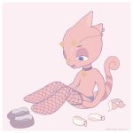  1:1 2020 animal_crossing anthro blue_eyes border bow_tie chameleon choker clothing collar dated ear_piercing fishnet fishnet_legwear flick_(animal_crossing) footwear full-length_portrait hi_res horn jewelry legwear lizard looking_down male necklace nintendo piercing pink_theme portrait red_body red_skin reptile scalie shoes sitting solo tsuneya underwear video_games watermark white_border 