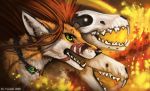  2020 canid canine collar digital_media_(artwork) fire flashw fox fur green_eyes mammal open_mouth orange_body orange_fur teeth white_body white_fur 