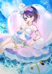  1girl absurdres arm_strap black_hair blue_camisole blue_eyes blush bracelet breasts camisole earrings feet_out_of_frame fisheye food food_in_mouth frilled_camisole frilled_sarong frills front_slit gold_thighlet gradient_camisole gradient_sarong halterneck highres hololive inflatable_toy jewelry looking_at_viewer medium_breasts midriff navel necklace o-ring o-ring_bikini_bottom o-ring_top ocean official_alternate_costume oozora_subaru oozora_subaru_(holonatsu_paradise) opti pearl_necklace popsicle popsicle_in_mouth ribbon sarong shell_hair_ornament short_hair solo starfish_hair_ornament suba_tomo_(big) suba_tomo_(oozora_subaru) suba_tomo_(small) sweat swept_bangs thighlet virtual_youtuber watermelon_bar white_camisole wrist_ribbon 
