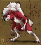  2017 ambiguous_gender anthro badass-doctor black_claws blood bodily_fluids claws dewclaw fur glowing glowing_eyes grey_pawpads hair lycanroc midnight_lycanroc nintendo pawpads pok&eacute;mon pok&eacute;mon_(species) red_body red_fur sharp_teeth signature solo standing teeth toe_claws video_games white_body white_fur white_hair 
