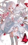  1girl arcaea bow breasts broken broken_sword broken_weapon bug butterfly cleavage commentary dress expressionless feet_out_of_frame flower highres hikari_(arcaea) hikari_(fatalis)_(arcaea) holding holding_sword holding_weapon konjac_zr long_hair long_sleeves pink_bow pink_flower pink_garter_straps pink_rose red_butterfly red_eyes rose solo sword symbol-only_commentary thighhighs weapon white_dress white_hair white_thighhighs 