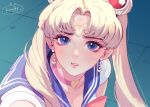  1girl artist_name bangs bishoujo_senshi_sailor_moon blonde_hair blue_eyes blue_sailor_collar bow breasts choker circlet cleavage collarbone commentary crescent crescent_earrings derivative_work diadem double_bun earrings eyelashes furrowed_eyebrows fuwaffy hair_ornament hair_over_shoulder heart heart_choker highres jewelry lips long_hair looking_at_viewer medium_breasts parted_bangs parted_lips pink_bow pink_choker pink_lips revision sailor_collar sailor_moon sailor_moon_redraw_challenge sailor_senshi_uniform screencap_redraw shirt solo sweatdrop tile_floor tiles tsukino_usagi twintails upper_body white_shirt 