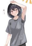  1girl absurdres arm_at_side arm_up armpits beniyomogi black_hair blush collarbone commentary_request film_grain grey_shirt hair_between_eyes hair_ornament highres hot long_bangs looking_at_viewer medium_hair original parted_lips print_shirt red_eyes shirt short_sleeves simple_background solo straight-on sweat sweaty_clothes t-shirt upper_body white_background 
