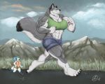 anthro big_muscles biped blue_hair bottomwear breasts canid canine canis clothing detailed_background digital_media_(artwork) duo exercise female fluffy fluffy_tail fur gravewalker grey_body grey_fur hair jogging karawuff larger_female luma_(character) macro mammal micro midriff mountain muscular muscular_female outside pawpads paws shirt shorts side_view size_difference smaller_female tank_top topwear white_body white_fur wolf 