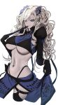  1girl absurdres black_shrug blue_skirt breasts fate/grand_order fate_(series) grey_eyes grey_hair highres kriemhild_(fate) kriemhild_(swimsuit)_(fate) large_breasts long_hair long_sleeves looking_at_viewer mole mole_under_eye navel_piercing piercing shiroshisu shrug_(clothing) skirt smile solo 