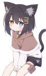  1girl animal_ear_fluff animal_ears bags_under_eyes between_legs bike_shorts black_hair black_shorts blue_eyes blush_stickers brown_capelet capelet cat_ears cat_girl cat_tail closed_mouth collar feet_out_of_frame fur-trimmed_capelet fur_trim grey_collar hair_between_eyes hair_ornament hairclip hand_between_legs heterochromia highres hood hood_down hooded_capelet koko_(ayanepuna) long_sleeves original puffy_long_sleeves puffy_sleeves shirt short_shorts shorts shorts_under_shorts simple_background sitting sleeves_past_wrists solo sweat tail white_background white_shirt yellow_eyes yuune_(ayanepuna) 