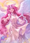  1girl angel angel_wings colored_skin cookie_run cookie_run:_kingdom dress eternal_sugar_cookie eyes_on_wings gold_wheat halo holding holding_instrument holding_lyre humanization instrument kko_(kko_m12) long_hair looking_at_viewer lyre pancake_print pink_eyes pink_hair pink_skin solo very_long_hair white_dress white_eyeshadow wings 