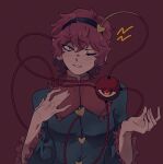  1girl black_hairband blue_shirt blush hairband hashtag-only_commentary heart highres komeiji_satori long_sleeves messy_hair one_eye_closed otaeriaaoba red_eyes shirt short_hair simple_background solo third_eye touhou upper_body 